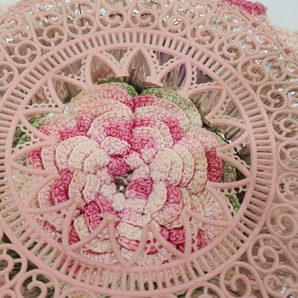 Handmade Kitschy Wall Hanging Crochet Flower Aluminum Bowl Pink Plastic Doily VT - Picture 2 of 8